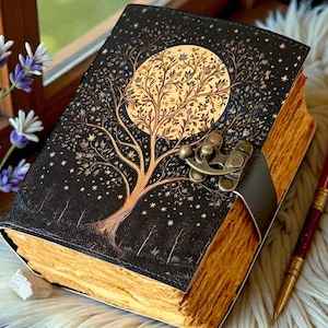 Moon Tree Leather Journal with Lock – Handmade Book of Shadows, Vintage Grimoire Spell Book, Witchcraft Pagan Notebook, Gothic Gift for Her