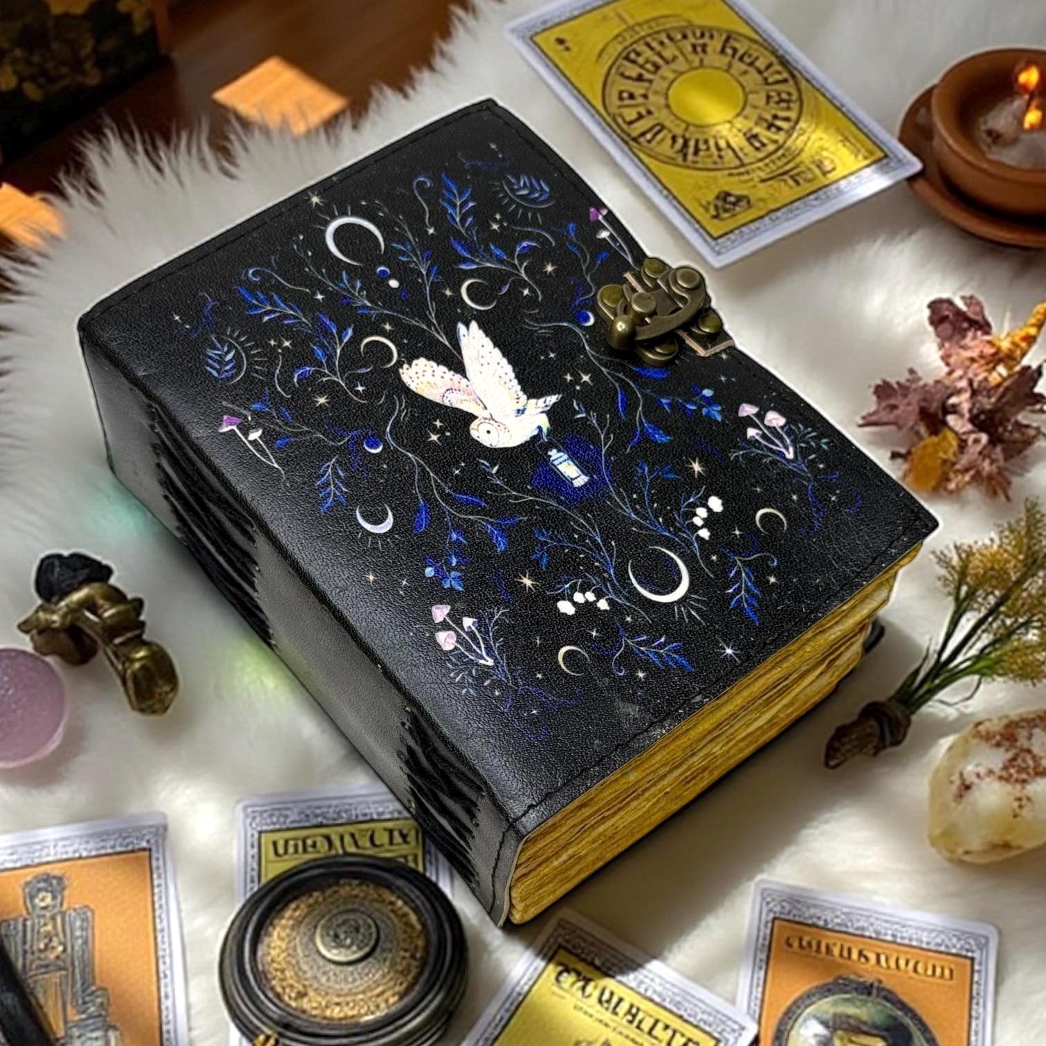 Leather Grimoire Journal &ndash; Owl Leather Book of Shadows, 400 Page Witchcraft Spellbook, Wiccan 