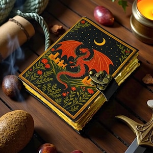 Dragon Leather Journal – Handmade Book of Shadows with Antique Deckle Edge Paper, Vintage Key Lock, Fantasy Diary & Sketchbook, Gift for Him
