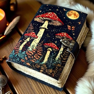 Handmade Leather Grimoire Journal – Mushroom Book of Shadows, 400 Pages Witchcraft Spellbook, Wiccan Pagan Gothic Witchy Magic Gift