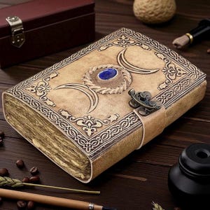 Triple Moon Goddess Leather Journal  Lapis Lazuli Stone Book of Shadows, 200 Pages Witchcraft Grimoire, Wiccan Pagan Gothic Magic Diary Gift
