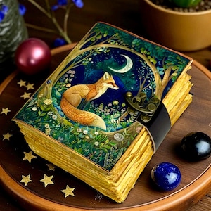 Fox Leather Grimoire Journal – Handmade Spell Book of Shadows, 400 Pages Vintage Witchcraft Spellbook, Wiccan Pagan Gothic Magic Diary Gift