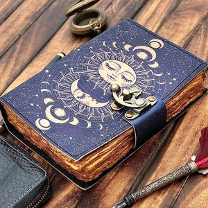 Sun & moon vintage leather journal • wiccan decor, spell book of shadows grimoire journal, journal for man women, sun moon gift
