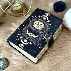 Sun & moon vintage leather journal • wiccan decor, spell book of shadows grimoire journal, journal for man women, sun moon gift