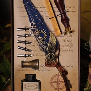 Ganzenveer met geschenkverpakking, antieke vulpen, verenpen met inkt, kalligrafieset, lakzegelstempel, uniek hulpmiddel voor het schrijven van kalligrafie, cadeau.