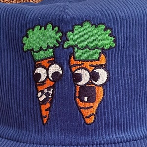 Blue Cotton Corduroy Embroidered 5 Panel Trucker Hat Cap Snapback Cartoon Carrots Freinds XL Vintage Style Retro Hippie Concert Festival Fun