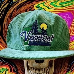 Corduroy Flat Brim Hat Cap Embroidered Snapback Cotton Trucker Vermont Green VT Phish Cotton Nature Hippie Moon Vintage Retro Green Jam Band