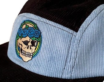 Corduroy Cotton 5 Panel Colorblock Camp Hat Cap Embroidered Adjustable XL Blue Black Skull Roses Tattoo Hike Camp Grateful Dead Gratefuldead