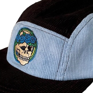 Corduroy Cotton 5 Panel Colorblock Camp Hat Cap Embroidered Adjustable XL Blue Black Skull Roses Tattoo Hike Camp Grateful Dead Gratefuldead
