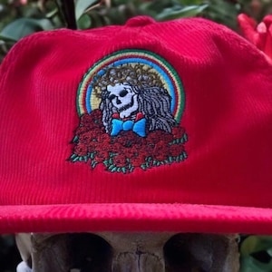Cotton Corduroy Snapback Cap 5 Panel Trucker Hat Red Embroidered Skull and Roses Uncle Sam in Thorns Grateful dead gratefuldead Deadhead Red