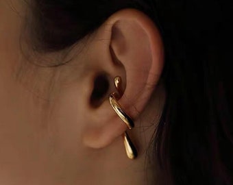 18K Gold Artisan Ear Cuff Silver Geometric Ear Climber | Chunky Gold Ear Cuff, Abstract Lobe Ear Climber, Contemporary Duo Wrap, Long