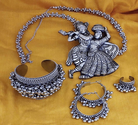 Silver Oxidised Jewellery Radha Krishna Pendant Ring Bracelet