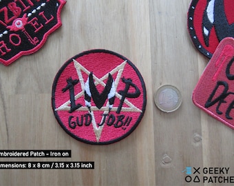 May include: Red embroidered iron-on patch with a white pentagram and the text "IMP GUD JOB!" in white lettering.