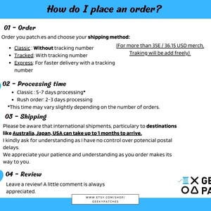 May include: A blue and white graphic with instructions on how to place an order for patches. The graphic includes information about shipping methods, processing times, and customer reviews. The text includes the phrase "X GEEKY O&Delta; PATCHES".