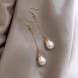 Dangle drop pearl earrings + FREE threader earrings + FREE handbag +FREE shipping