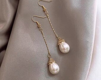 Dangle drop pearl earrings plus FREE red heart earrings FREE shipping good for weddings