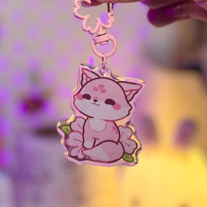 Sakura Fox Acrylic Keychain | Pastel pink cherry blossom keychain