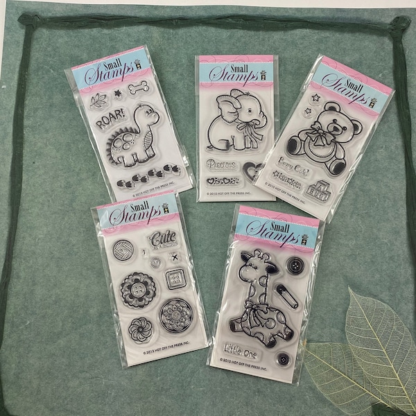 Baby Themed Silicone Stamp Set, Hot Off the Press, New, Small, Set of 5, Small Elephant, Small Giraffe, Buttons, Small Bear, Small Dino