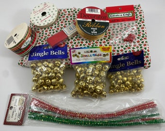 Vintage Christmas Craft Supplies, Westrim Jingle Bells, 18mm, 15mm, 12mm, Chenille Stems, Tinsel Cord, Ribbons, 6mm bells, Xmas Fabric