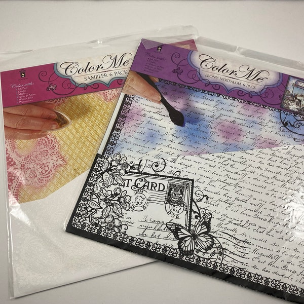 Color Me Papers, Set of 2, Ebony Nostalgia 6 pack and Sampler 6 Pack, Hot off the Press, 6 Designs in Each, New in Pack, 12” x 12”