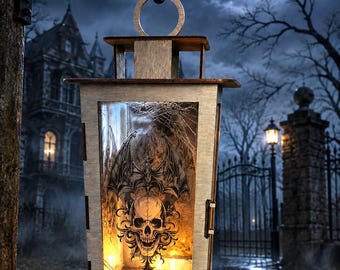 Gothic Skull Wood Lantern | Laser Cut Candle Holder | Dark Home Decor | Halloween | Gothic Gift | Spooky  Indoor Outdoor