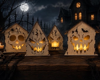 Laser Cut Wooden Halloween House | Spooky Jack-O-Lantern Decor Set of 4 | Rustic Halloween Candle Lanterns for Mantel, Porch