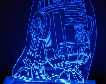 Acrylic led light  6" by 8" Star Wars stand featuring R2-D2 with woodgrain lightbox