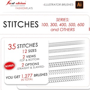 May include: A digital illustration of 35 different stitch designs for use in Adobe Illustrator. The illustration shows 12 sizes of each stitch, with two views (top and bottom) and two options (straight and slanted). The illustration also includes the text "35 Stitches", "12 Sizes", "2 Views", "Top & Bottom", "2 Options", "Straight & Slanted", "You Get 1,277 Brushes", "In Total", and "Bonus".