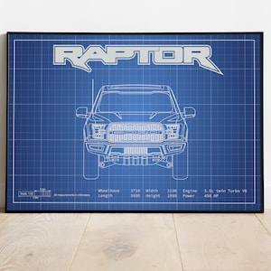 May include: A blueprint style illustration of a Ford Raptor pickup truck on a blue background. The truck is shown from the front, with the hood, grille, and headlights visible. The text "RAPTOR" is at the top of the image. The text below the truck includes the truck's dimensions and engine specifications: Wheelbase 3718, Length 5890, Width 2198, Height 1998, Engine 3.5L twin Turbo V6, Power 450 HP.