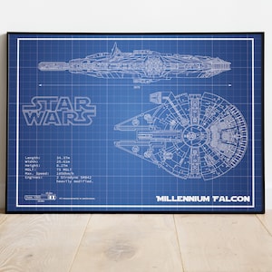 Może przedstawiać: Oprawiony plakat Star Wars w stylu planu technicznego z Millennium Falcon. Plakat ma niebieskie tło w kratkę z białymi rysunkami linii statku z góry i z przodu. Tekst zawiera "STAR WARS" i "MILLENNIUM FALCON". Wymiary w metrach.