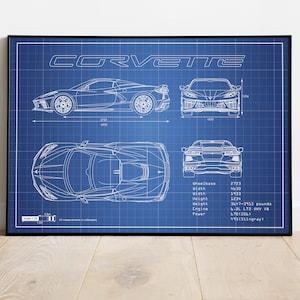 Chevy Corvette Blueprint, Car Blueprints, Car Poster, Garage Workshop Art, Car Wall Art, Car Poster Art, Fathers Day, Art, Corvette Picture