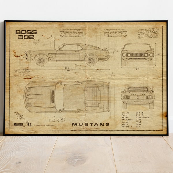 Mustang Poster, Boss 302 Poster, 1st Anniversary Gift, Office Artwork, Car Prints, Gift For Car Guy, Car Blueprints, Boss 302 Picture, Art