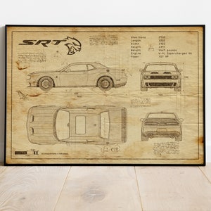 Dodge Challanger Picture , Dodge Challanger Poster, Challanger SRT, Car Blueprints, Car Poster, Gift For Friend, Best Man Gift, Blueprint