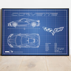 Chevy Corvette Picture, Car Blueprints, Car Poster, Fathers Day, Wall Art, Man Cave, Man Cave Artwork, Office Artwork, Car Art, C8 Corvette