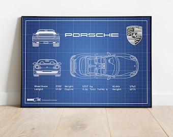 Porsche 911 Poster, 911 Blueprints, Car Poster Vintage, Car Poster Print, Mancave Art, Manacle Wall Art, Car Wall Art, Car Poster Download