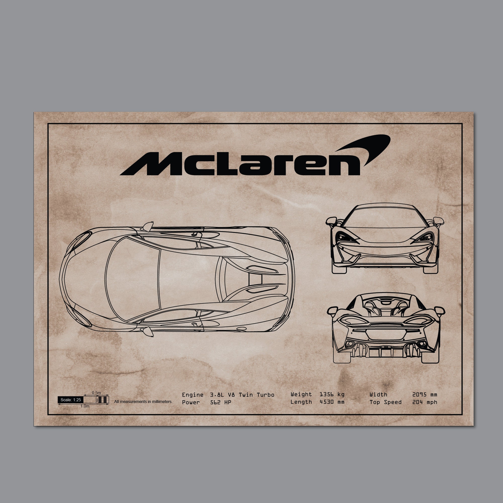 Mclaren 570S Blueprint, Fathers Day, Car Blueprints, Car Poster, Car ...