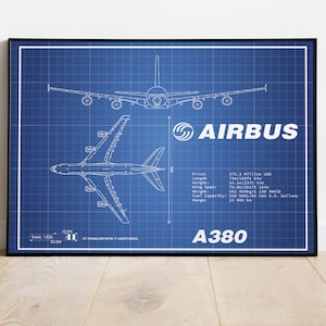 Airbus A380 Poster, Gift For Pilot, Aviation Art, Plane Gift, Plane Poster, Mancave Aircraft Art, Retirement Gift, Plane Blueprint, Wall Art