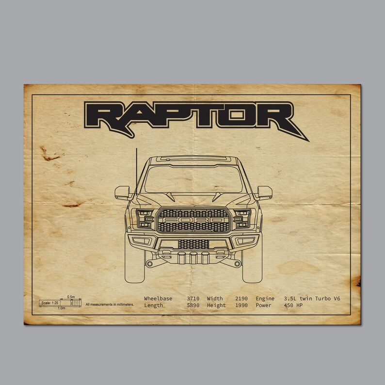 Ford Raptor, Raptor Blueprint, Raptor Poster, Car Blueprints, Car ...