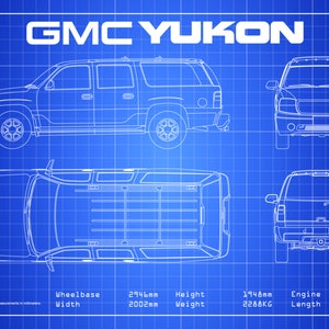 Puede incluir: Ilustración tipo plano de un SUV GMC Yukon, mostrando vistas lateral, frontal, superior y trasera. Dimensiones: distancia entre ejes 294.6cm, ancho 200.2cm, altura 194.8cm, peso 2288kg, motor 4.8L V8 y longitud 505cm. El texto "GMC YUKON" se muestra en la parte superior.