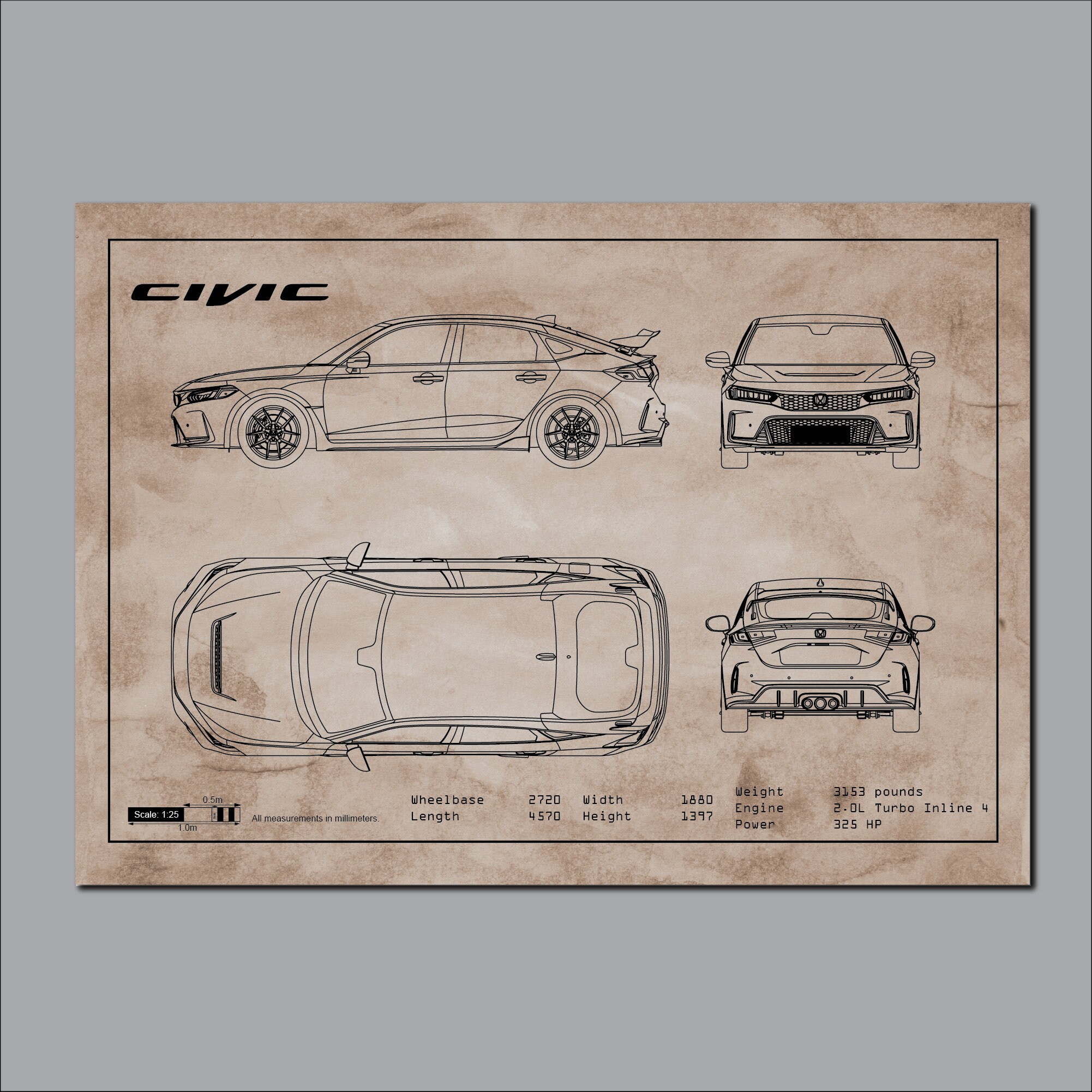 Honda Civic Poster, Civic Type R, Car Blueprints, Car Poster, Gift for ...