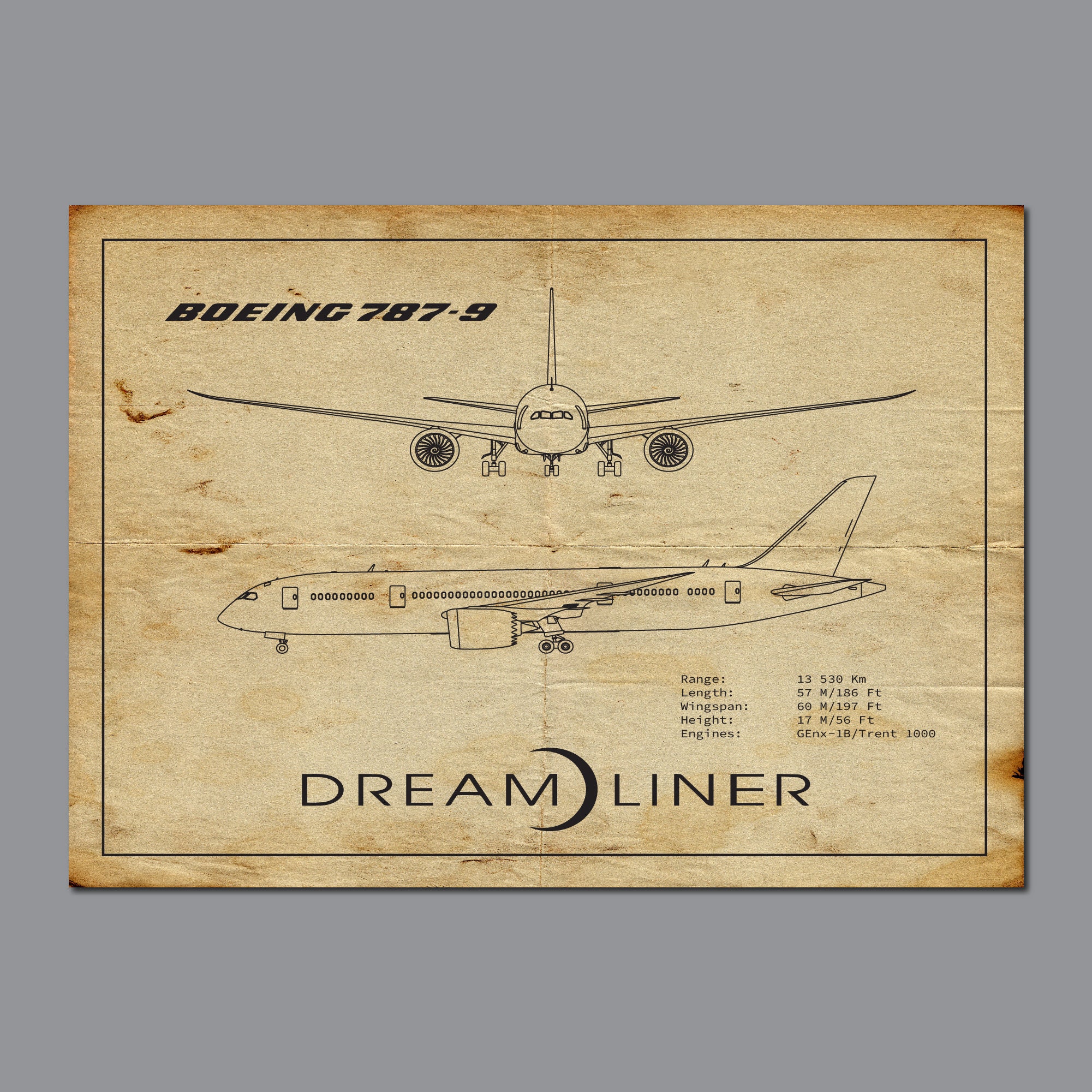 Boeing 787 Poster, Dreamliner Blueprint, Gift for Pilot