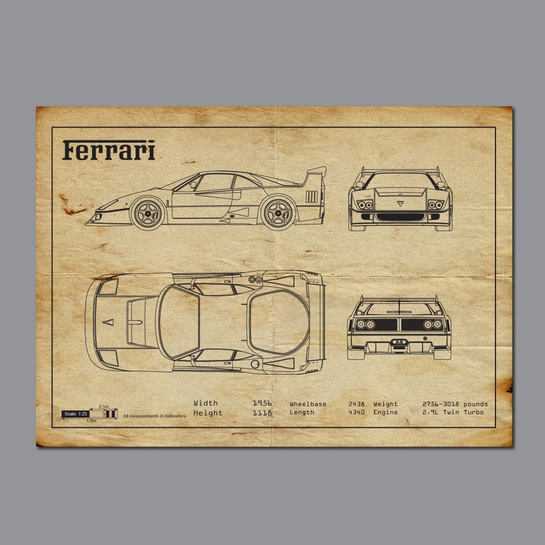 Ferrari F40 Picture, Car Blueprints, Car Poster, Man Cave, Man Cave ...