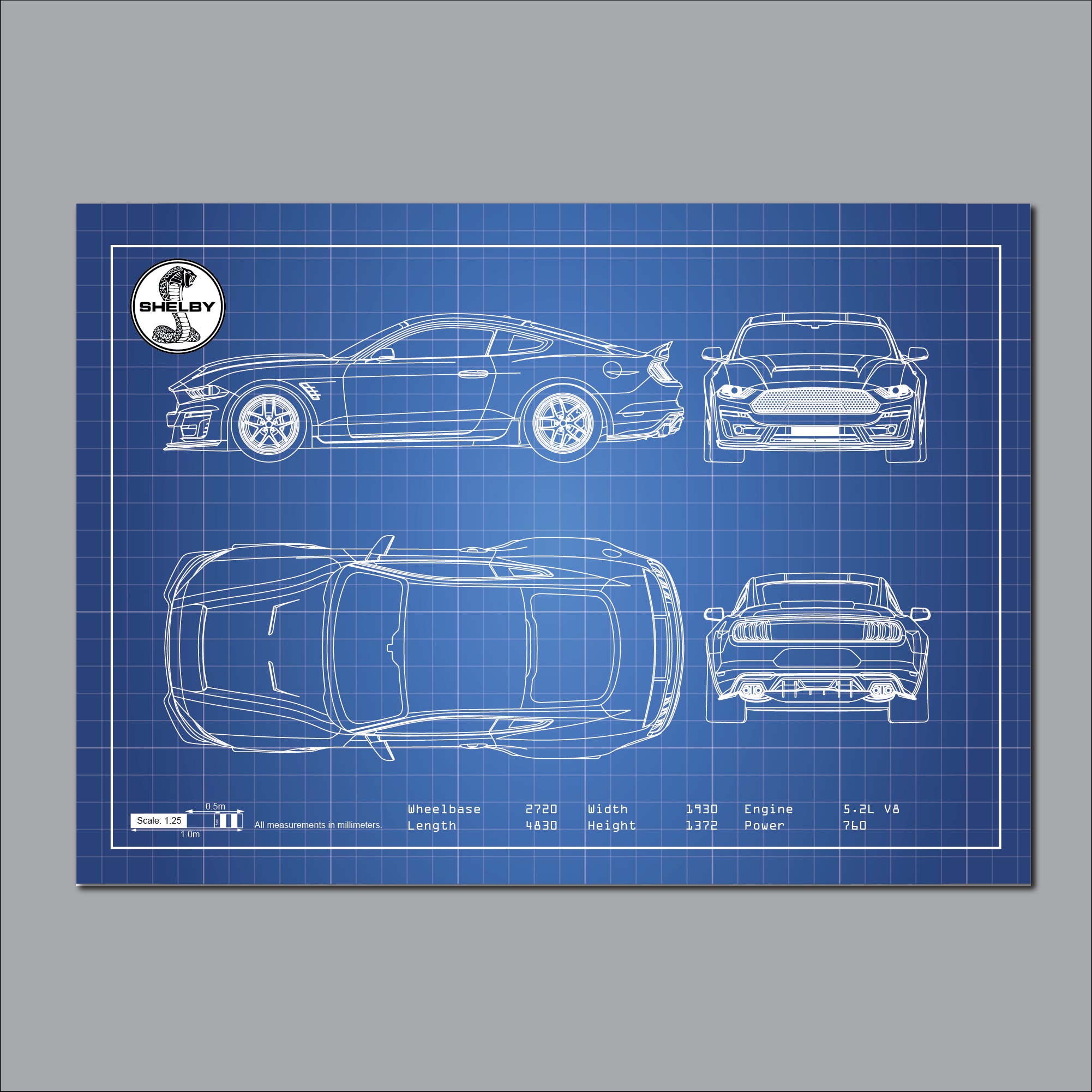 Shelby Blueprint, Ford Mustang, Car Blueprints, Car Poster, Gift for ...