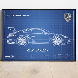 Porsche GT3rs Poster, Car Blueprints, Car Poster, Blueprint Art, Birthday Gift, Gift For Husband, Garage Art, 1st Anniversary Gift, Wall Art