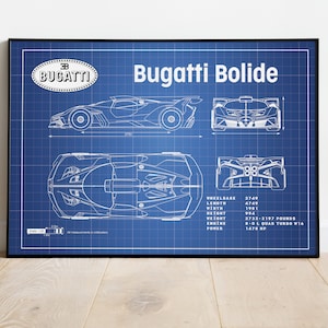 Może przedstawiać: Ilustracja w stylu planu technicznego samochodu wyścigowego Bugatti Bolide. Ilustracja przedstawia samochód z boku, z góry i z przodu. Samochód jest biały na niebieskim tle. Tekst "Bugatti Bolide" znajduje się w górnej części obrazu. Tekst "Bugatti" znajduje się w kółku w górnym lewym rogu obrazu. Tekst "Wheelbase 2748", "Length 4748", "Width 1981", "Height 994", "Weight 2733-3197 pounds", "Engine 8.0L Quad Turbo W16", "Power 1478 HP" znajduje się w prawym dolnym rogu obrazu.