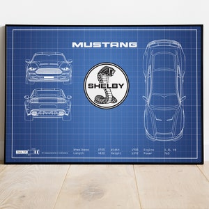Ford Mustang Blueprint, Mustang Super Snake, Car Blueprints, Car Poster, Fathers Day, Wall Art, 1st Anniversary Gift, Wall Decor, Office Art