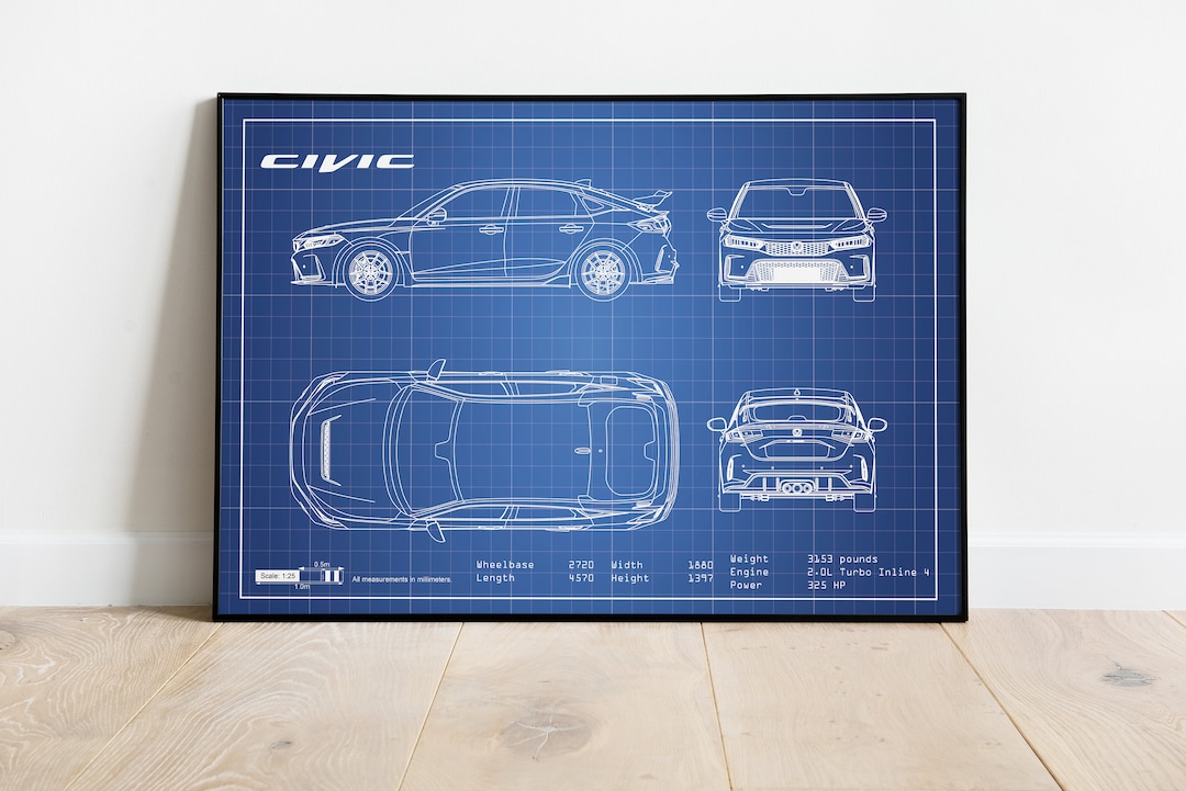 Honda Civic Poster, Civic Type R, Car Blueprints, Car Poster, Gift for ...