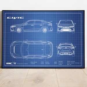 Honda Civic Poster, Civic Type R, Car Blueprints, Car Poster, Gift For Dad, Gift For Friend, Best Man Gift, Blueprint Art, Wall Decor,