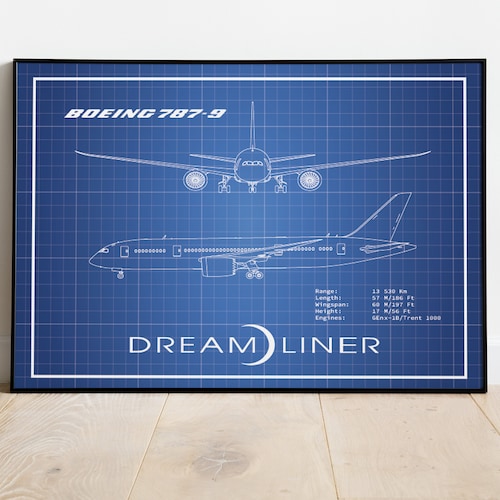 Boeing 787 Poster, Dreamliner Blueprint, Gift for Pilot, Gift for