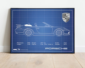 Porsche 911 Blueprint, Car Blueprints, Automobile Wall Decor, Car Poster, Car Poster Art, Gift For Him, Gift For Dad, Car Poster Download
